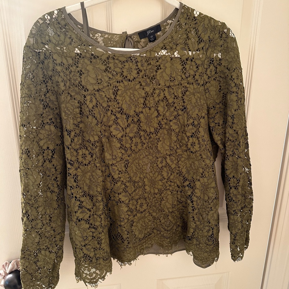 J. Crew Olive Green Lace Long Sleeve Top